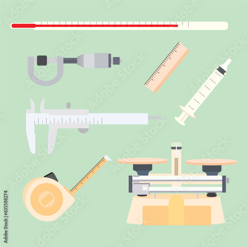 Set of Measuring vector illustration. measure, measurement pack symbol.  ruler, micrometer, thermometer, vernier caliper, weight scale and more template.