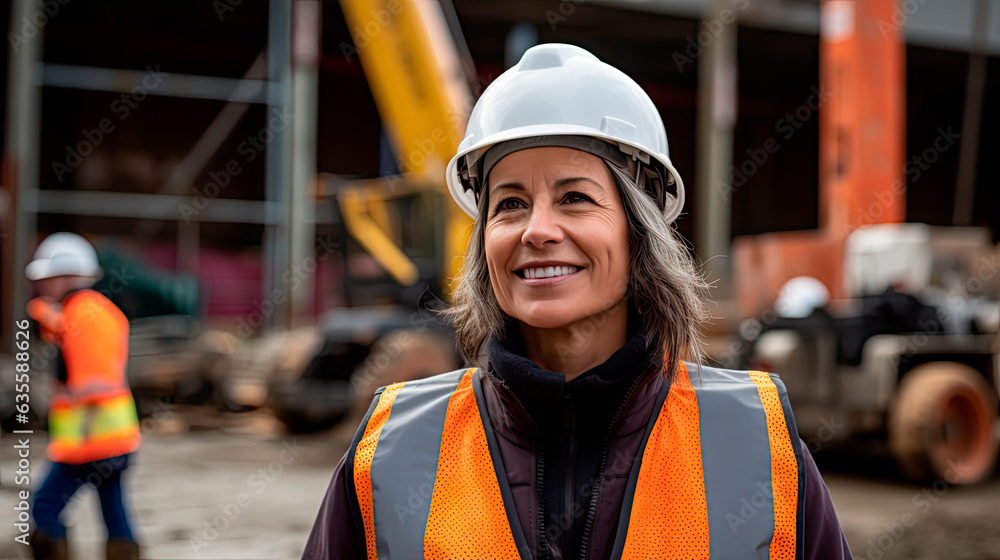 woman working at a construction site in a construction helmet and a work vest woman working at a construction site in a construction helmet and a work vest