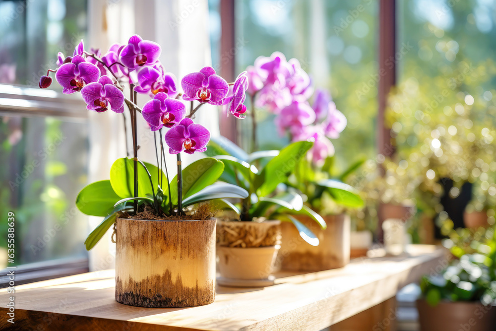 Lavish lilac blooms of the tropical phalaenopsis orchid enrich the indoor setting - obrazy, fototapety, plakaty 