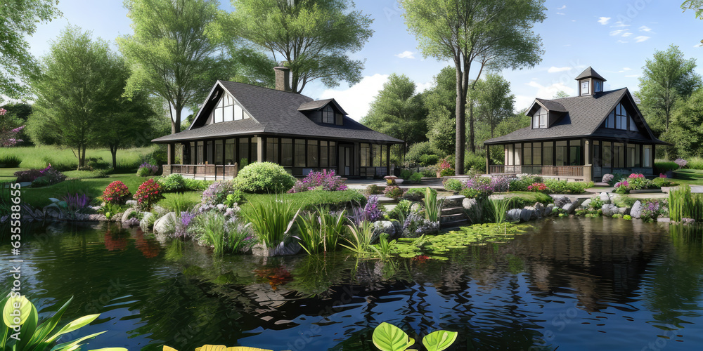 Obraz premium Scenic pond environment with village in the background photorealistic