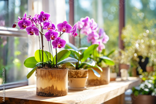Lavish lilac blooms of the tropical phalaenopsis orchid enrich the indoor setting photo
