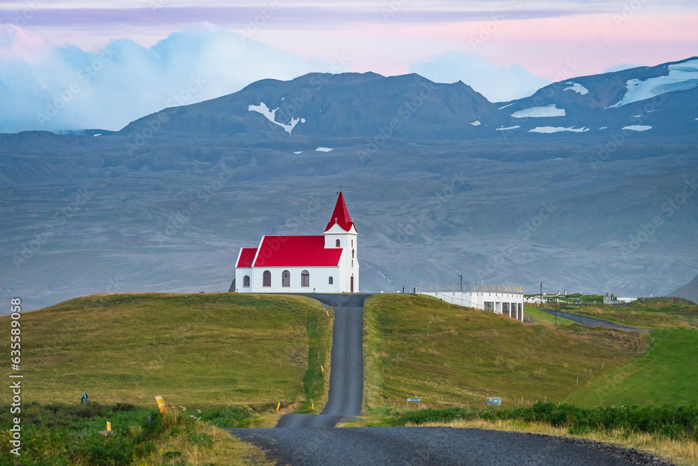 Landscape of the Ingjaldshóll churh at the Snaefellsnes Peninsula (Iceland)
