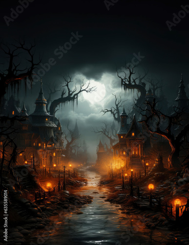 Halloween spooky town in a dark night