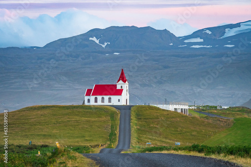 Obraz na płótnie Landscape of the Ingjaldshóll churh at the Snaefellsnes Peninsula (Iceland) w salonie