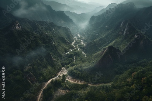 a painting of a misty valley with a road cutting through the mountains. Generative AI
