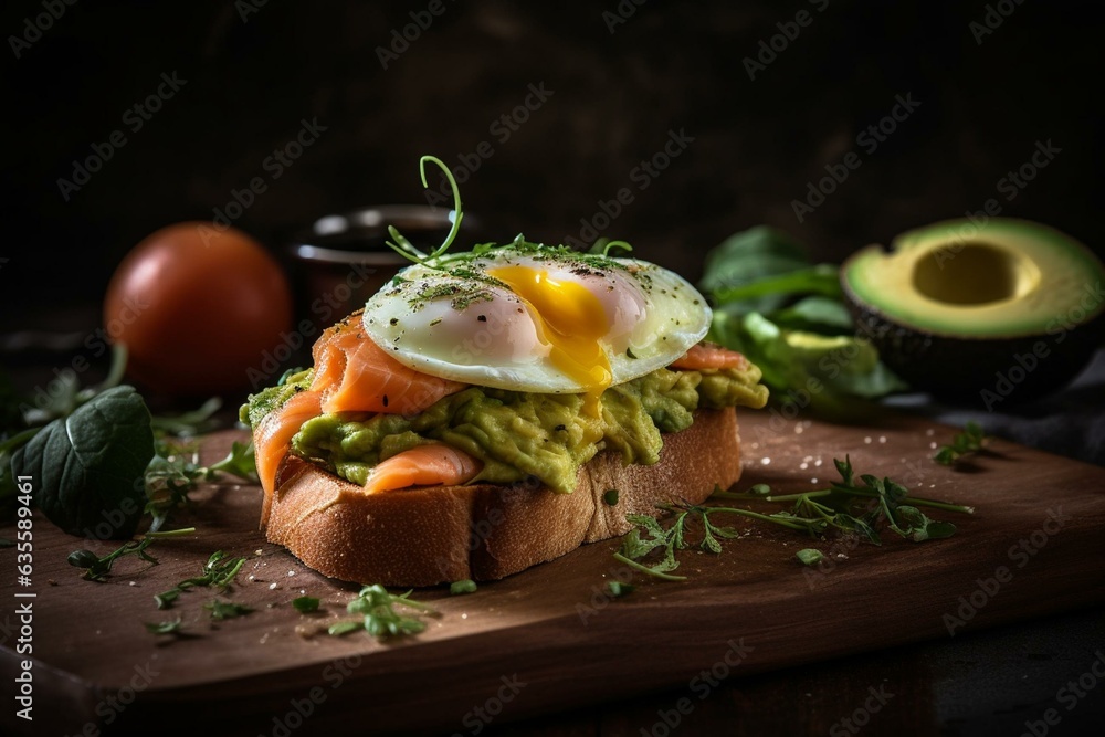 Avocado, salmon, and egg on crispy toast. Generative AI