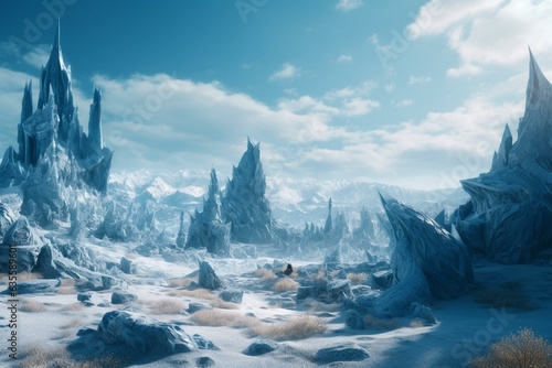 A frozen fantasy landscape on an alien planet with blue skies. Generative AI