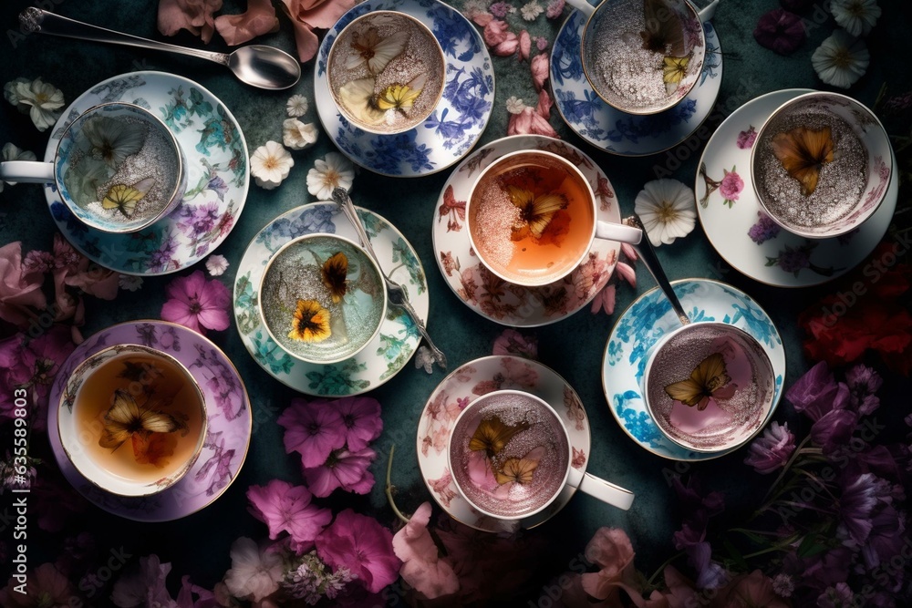 Background of tea cups painted with watercolors, adorned with a spoon, flowers, and a butterfly. Generative AI