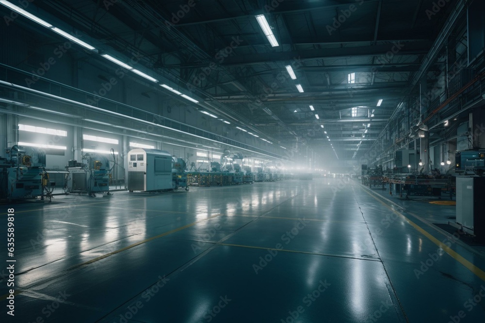 Spacious factory with advanced lighting system. Generative AI