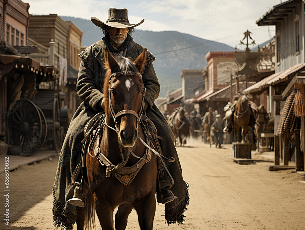 A rugged cowboy astride a trusty steed, traversing the dusty trails of ...