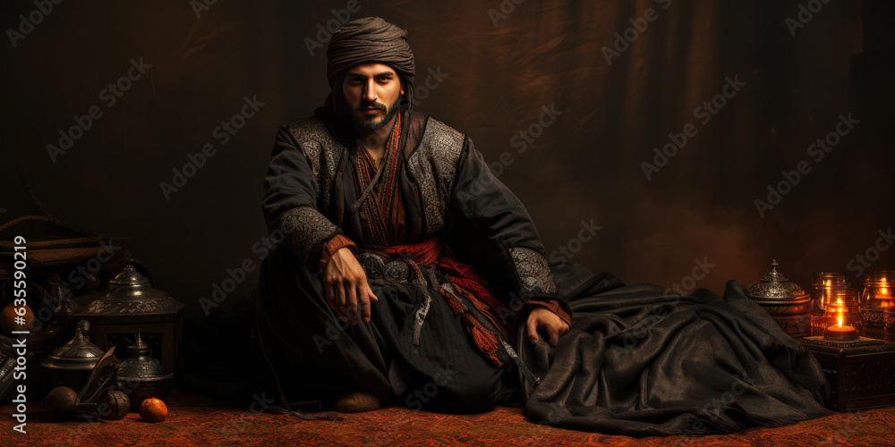 An Ottoman emppire warrior, a young janissary sitting in a Ottoman tent waiting for battle. Generative AI An Ottoman emppire warrior, a young janissary sitting in a Ottoman tent waiting for battle. Generative AI