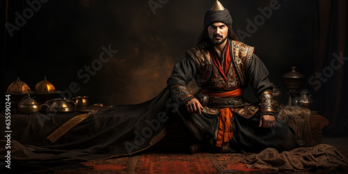 An Ottoman emppire warrior, a young janissary sitting in a Ottoman tent waiting for battle. Generative AI