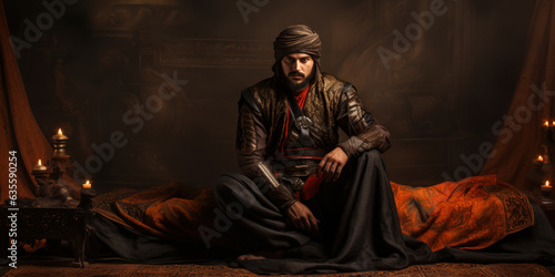 An Ottoman emppire warrior, a young janissary sitting in a Ottoman tent waiting for battle. Generative AI photo