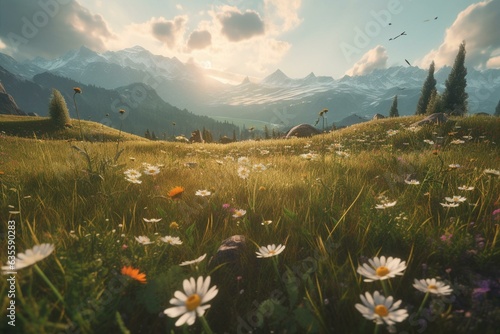 Illustration showing a picturesque meadow filled with various wildflowers and mountains in the distance. Generative AI
