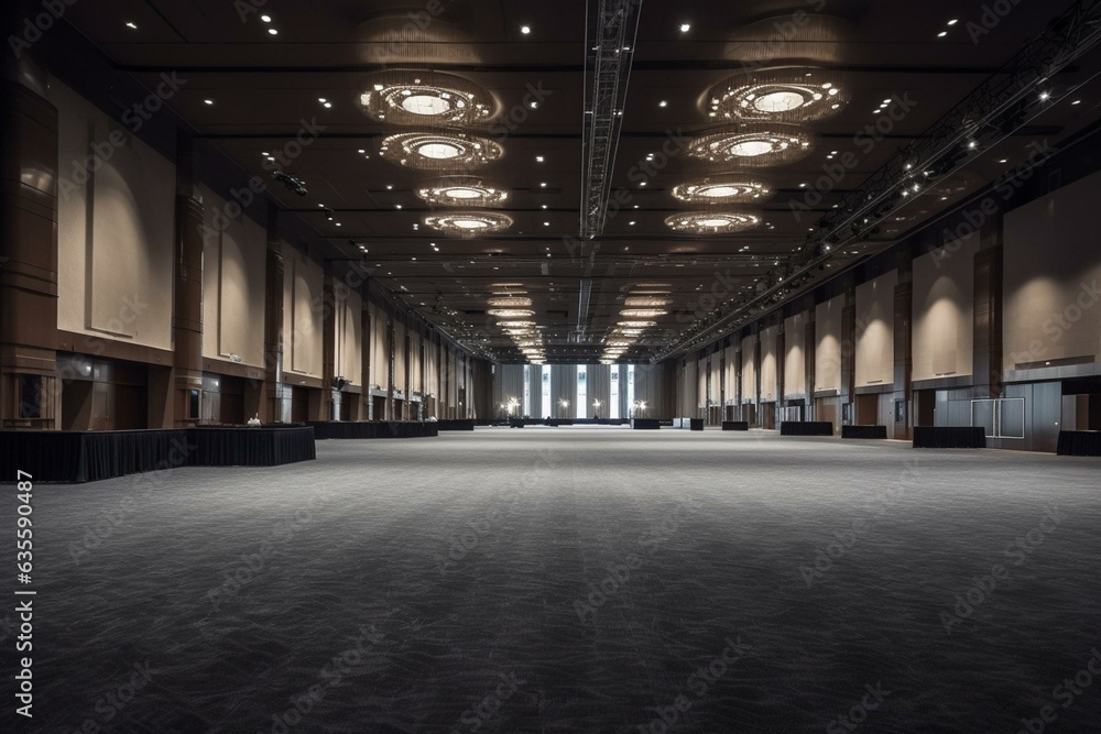 An empty convention hall center serving as a backdrop for exhibition stands, booth elements, meeting rooms, conferences, entertainment, concerts, events, and ballrooms. Generative AI