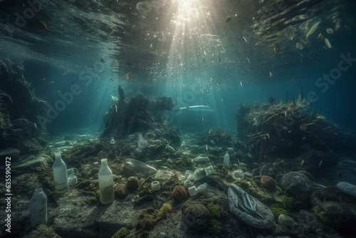 Marine pollution caused by plastic debris like bottles and cans ruins the underwater environment. Generative AI © Eudoxia