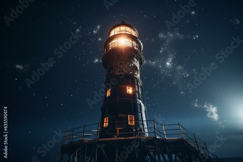 Artistic depiction of a futuristic, towering lighthouse against a beautiful night sky. Generative AI