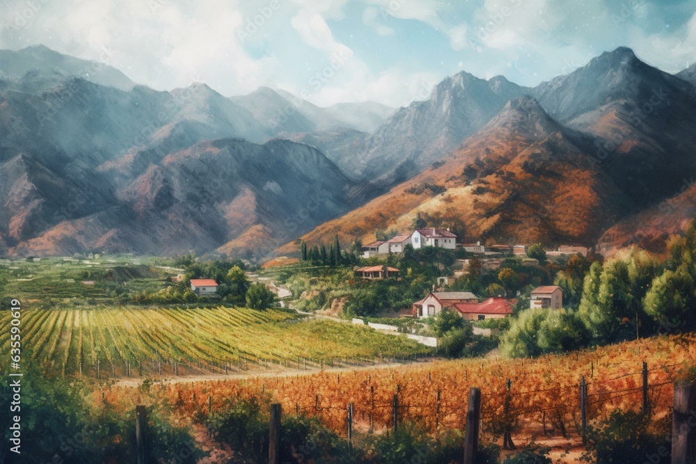 Vibrant watercolor of lush vineyards and majestic mountains. Generative AI