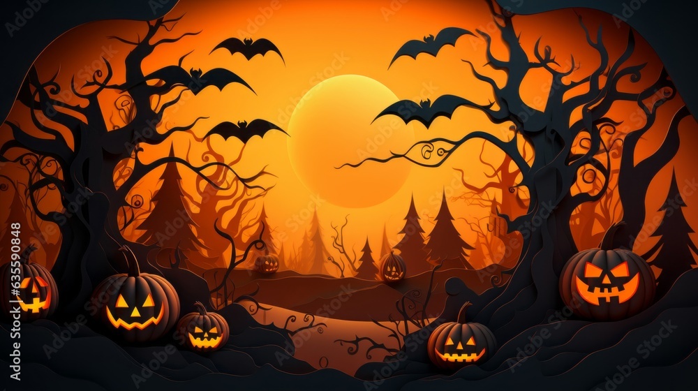Happy Halloween greeting card background illustration - Modern paper cut art, silhouette of pumpkins and tree landscape (Generative Ai) Happy Halloween greeting card background illustration - Modern paper cut art, silhouette of pumpkins and tree landscape (Generative Ai)