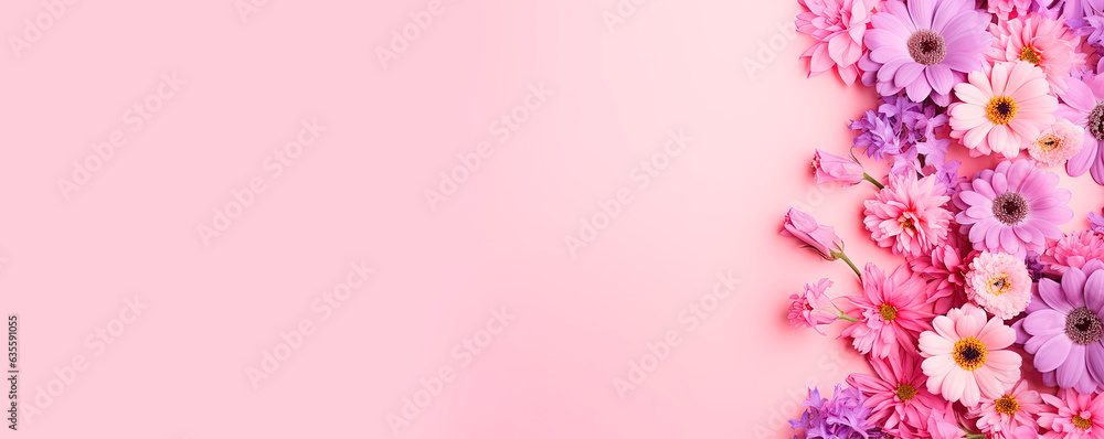 Top view image of pink and purple flowers composition over pastel background, copy space.