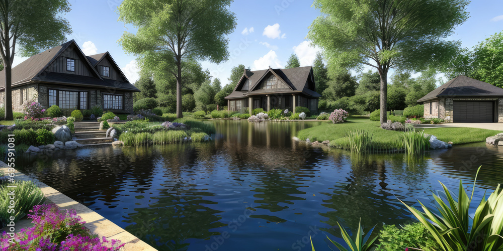Obraz premium Scenic pond environment with village in the background photorealistic