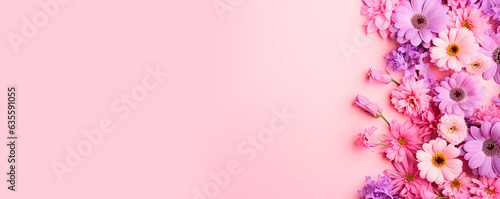 Top view image of pink and purple flowers composition over pastel background, copy space.