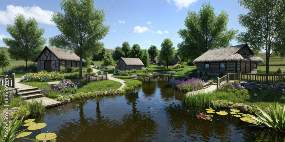 Scenic pond environment with village in the background photorealistic