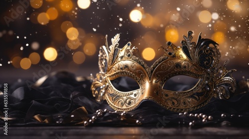 Luxurious venetian mask over a bokeh background of black golden. Design for a Christmas and New Year's celebration banner. Fantasy masquerade ball for carnival.