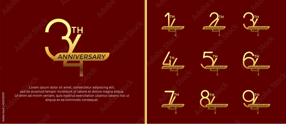 set of anniversary logo gold color and golden ribbon on red background for celebration moment set of anniversary logo gold color and golden ribbon on red background for celebration moment