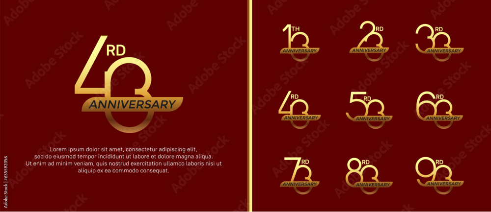 set of anniversary logo gold color and golden ribbon on red background for celebration moment set of anniversary logo gold color and golden ribbon on red background for celebration moment