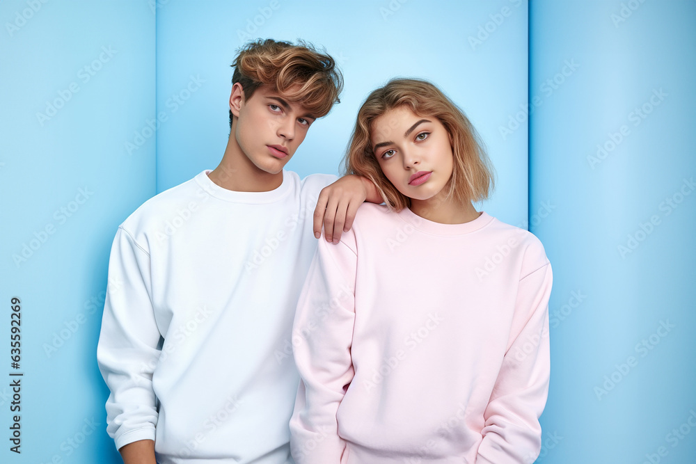 Close-up portrait of young loving couple embracing while standing in studio. Couple in athletic sweater. Photo shoot of lovely couple sweater. Generative AI. Close-up portrait of young loving couple embracing while standing in studio. Couple in athletic sweater. Photo shoot of lovely couple sweater. Generative AI.