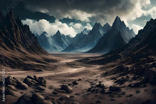 Fantasy Landscape Illustration. Desolate and Dark Land with Tall, Sharp Mountains.
