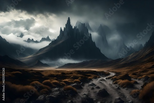 Fantasy Landscape Illustration. Desolate and Dark Land with Lonely Mountain. Fog and Dark Cloudy Sky.
