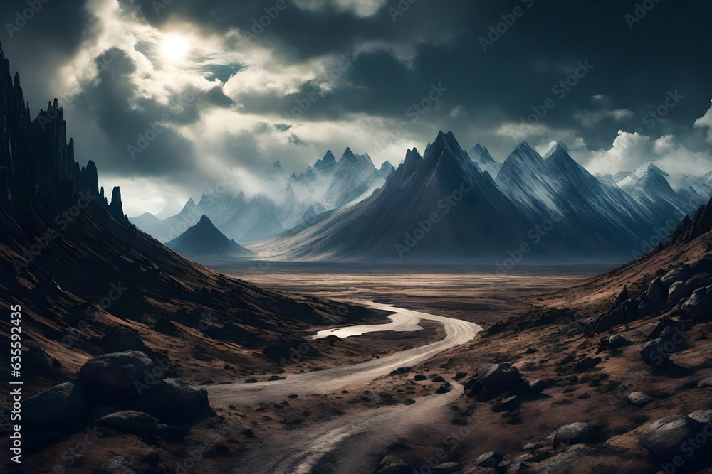 Fantasy Landscape Illustration. Desolate and Dark Land with Tall, Sharp Mountains.
