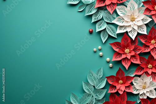 Christmas red poinsettia flower paper cut style pattern with copy space on a green background photo