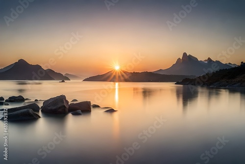 sunset on the lake , sunrise in the lake , sun and lake