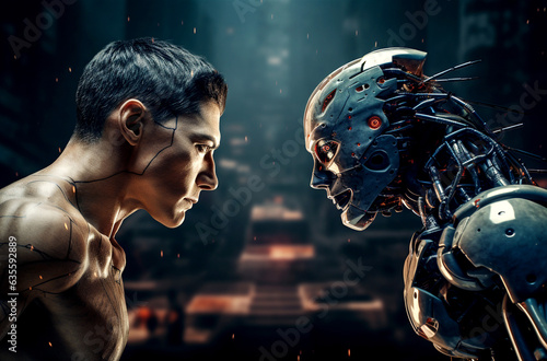 Human vs Ai, A man fights with Ai robot, artificial intelligence threat