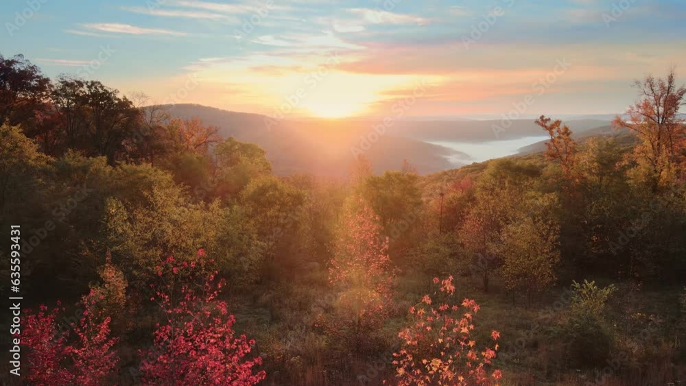 Amazing Arkansas ozark mountain scenic overlook in fall with autumn colored forest via aerial viewpoint