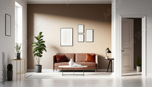 Interior of modern living room with beige walls, concrete floor, comfortable brown sofa standing near round coffee table and two posters. 3d rendering