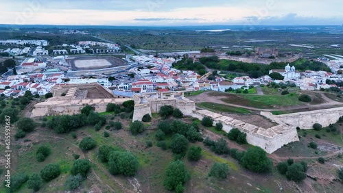 Sunset in Castro Marim. Aerial view from a drone. Lighthouse district. Marshes and salt flats of the Ria Formosa Natural Park. Atlantic Ocean. Algarve. Portugal. Europe