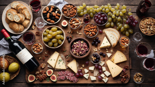 Mid-summer picnic with wine and snacks. Flat-lay of charcuterie and cheese board, rose wine, nuts, olives over wooden table background, top view. Family, friends holiday gathering