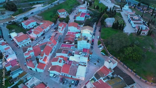 Sunset in Castro Marim. Aerial view from a drone. Lighthouse district. Marshes and salt flats of the Ria Formosa Natural Park. Atlantic Ocean. Algarve. Portugal. Europe