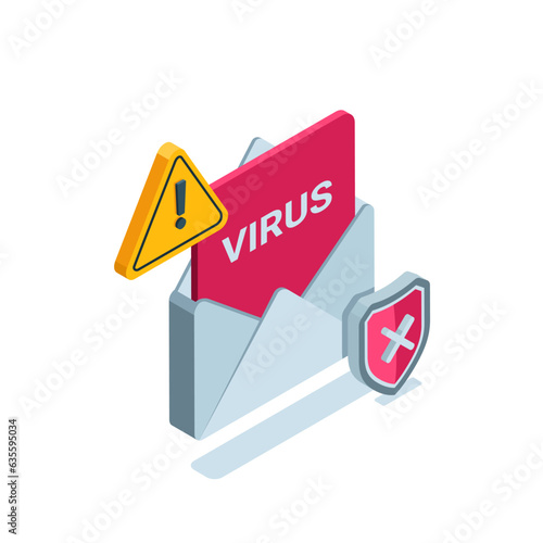 isometric envelope with virus in color on white background, virus digital security or hack protection