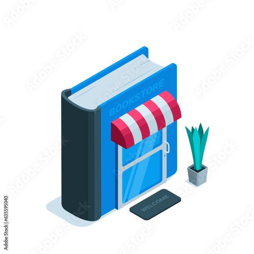 isometric book with shop facade in color on white background, bookstore or fairs photo