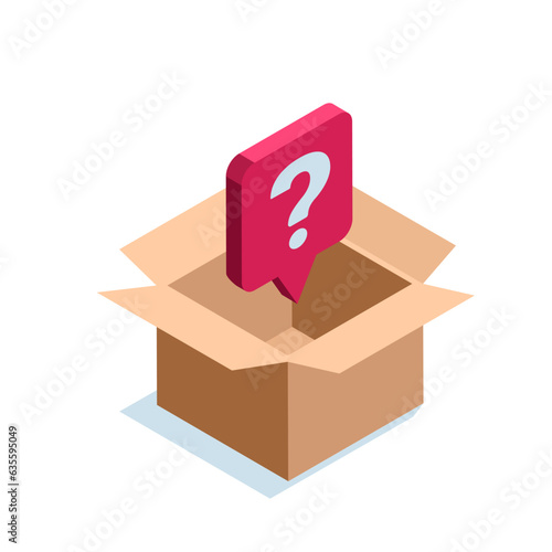 isometric open box with text bubble and question mark in color on white background, mystery box