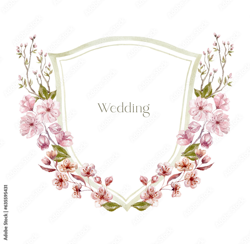 Watercolor Crest with Cherry Flowers on the white Background. Wedding Design.