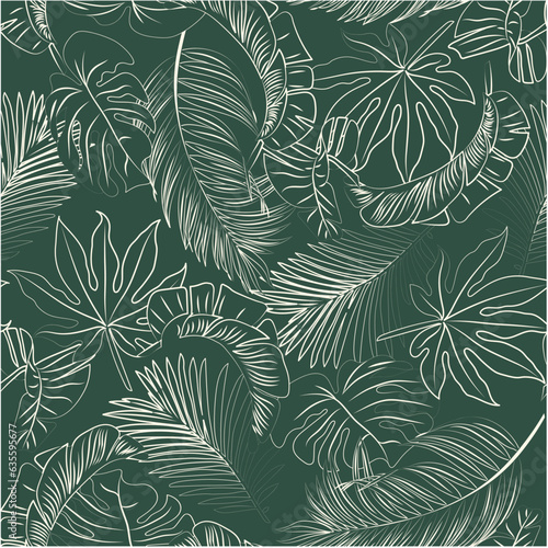 Tropical pattern. Elegant seamless pattern with green lines, hand drawn tropical leaves and flowers. Vintage green background. Vector