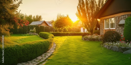 Beautiful manicured lawn and flowerbed with deciduous shrubs on private plot and track to house against backlit bright warm sunset evening light on background. Soft focusing in, Generative AI
