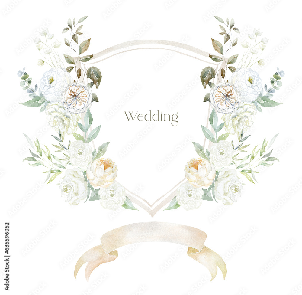Watercolor Crest with white Flowers on the white Background. Wedding Design.