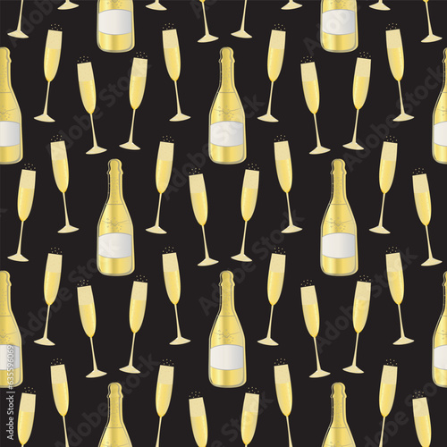 Champagne bottle and glasses vector seamless pattern background. Elegant gold black backdrop with fizz  champagne flutes bottles. Modern chic repeat for party  birthday  wedding  New Year celebration